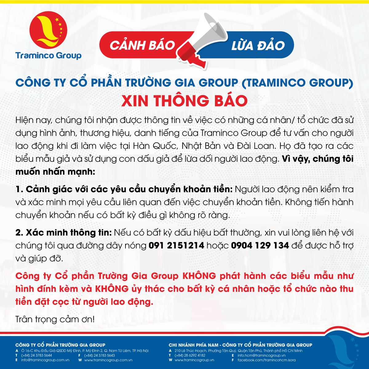 Cảnh báo thủ đoạn lừa đảo, mạo danh Traminco Group chiếm đoạt tiền của người lao động